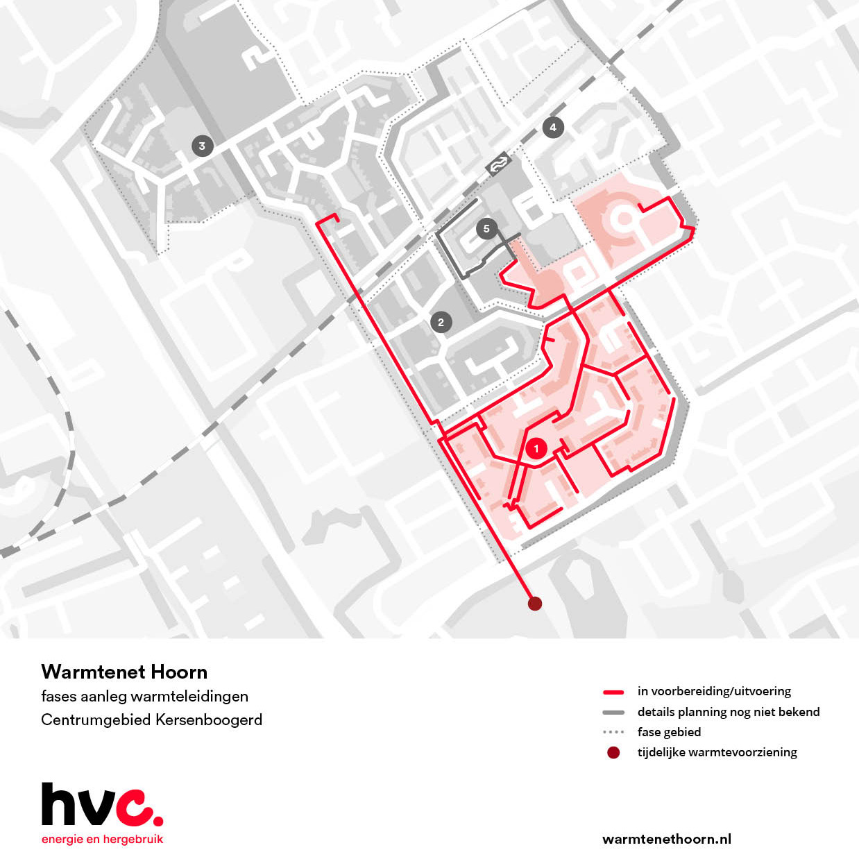 Plattegrond fases aanleg warmtenet centrumgebied Kersenboogerd Hoorn