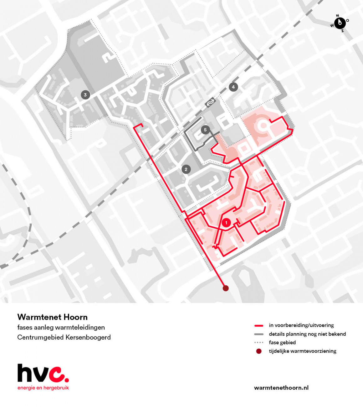 Plattegrond fases aanleg warmtenet centrumgebied Kersenboogerd Hoorn